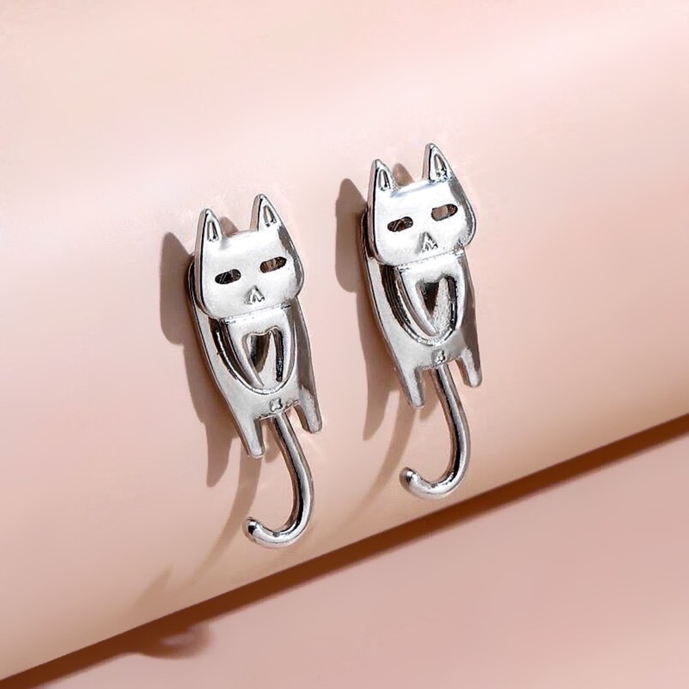 Any 2/$20! Silver Cat Face Studs w/Cat Body Jacket Backs Earrings - Picture 2 of 6